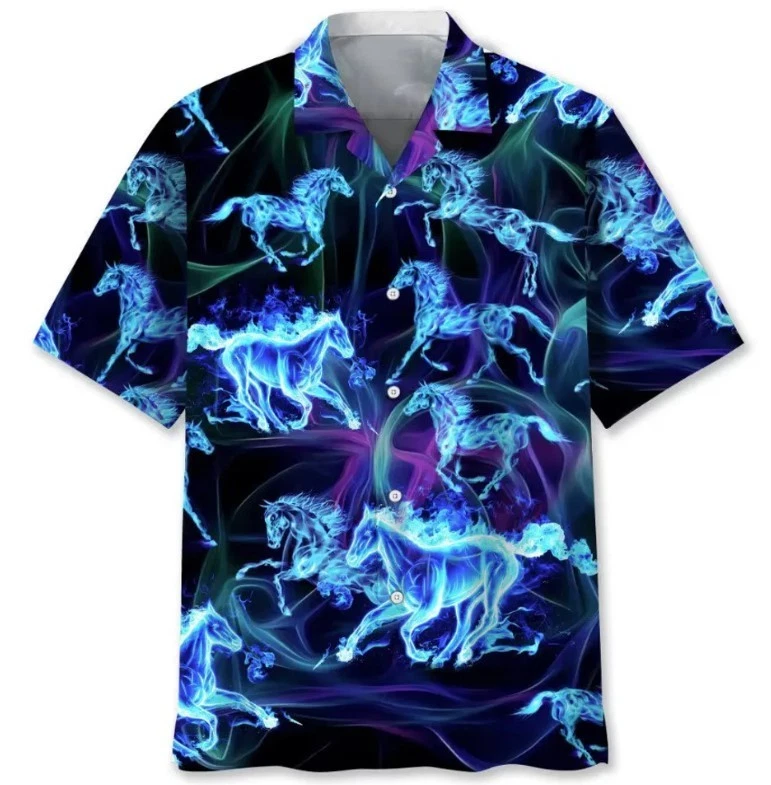 Horse Blue Light Hawaiian Shirt, Horse Lover Hawaii Shirt