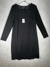 J Jill Wearever Dress Size S Black Long Sleeve Faux Pearl Neckline Stretch Knit