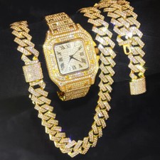 Luxury Square Lab Diamond Watch Iced Cuban Chain Necklace Hip Hop Bracelet