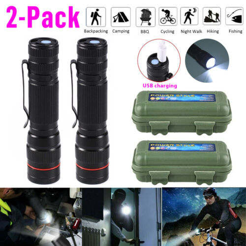 2* 2500000LM Super Bright LED Flashlight Small Mini Lamp Rechargeable Torch+Box