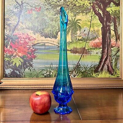 Vtg Valencia Fenton BLUE Art Glass Swung Vase Pedestal 15 Vtg Valencia Fenton BLUE Art Glass Swung Vase Pedestal 15