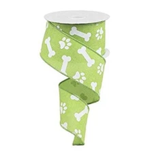 Lime Green Wired Edge Paw Print Bone Ribbon 2.5" White Pet Paws Dog Bones By Yd