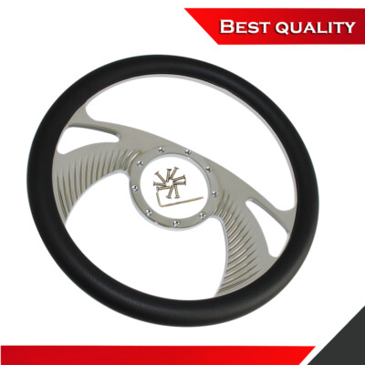 Billet Chrome Aluminum 14'' Steering Wheel Wings Style Half Wrap In Black Leather