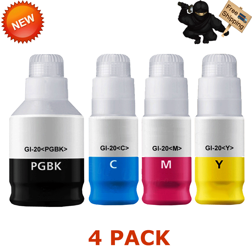 4 PK GI20 Black Cyan Magenta Yellow Ink Bottle Set for Canon PIXMA