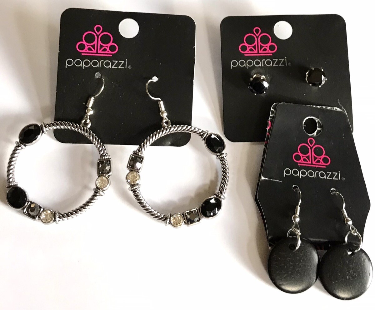 PAPARAZZI Black RHINESTONE Silver Fashion Earrings LOT OF PAIRS Pierced  NWT