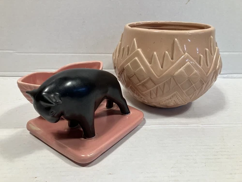 Vintage Mid Century Modern Shawnee Pottery Vase Flower Pot Bull & Art Deco Vase