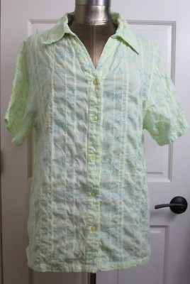White Stag Green Floral Top Women Size 16W Chest 40 V-Neck Embroidered 307-28619