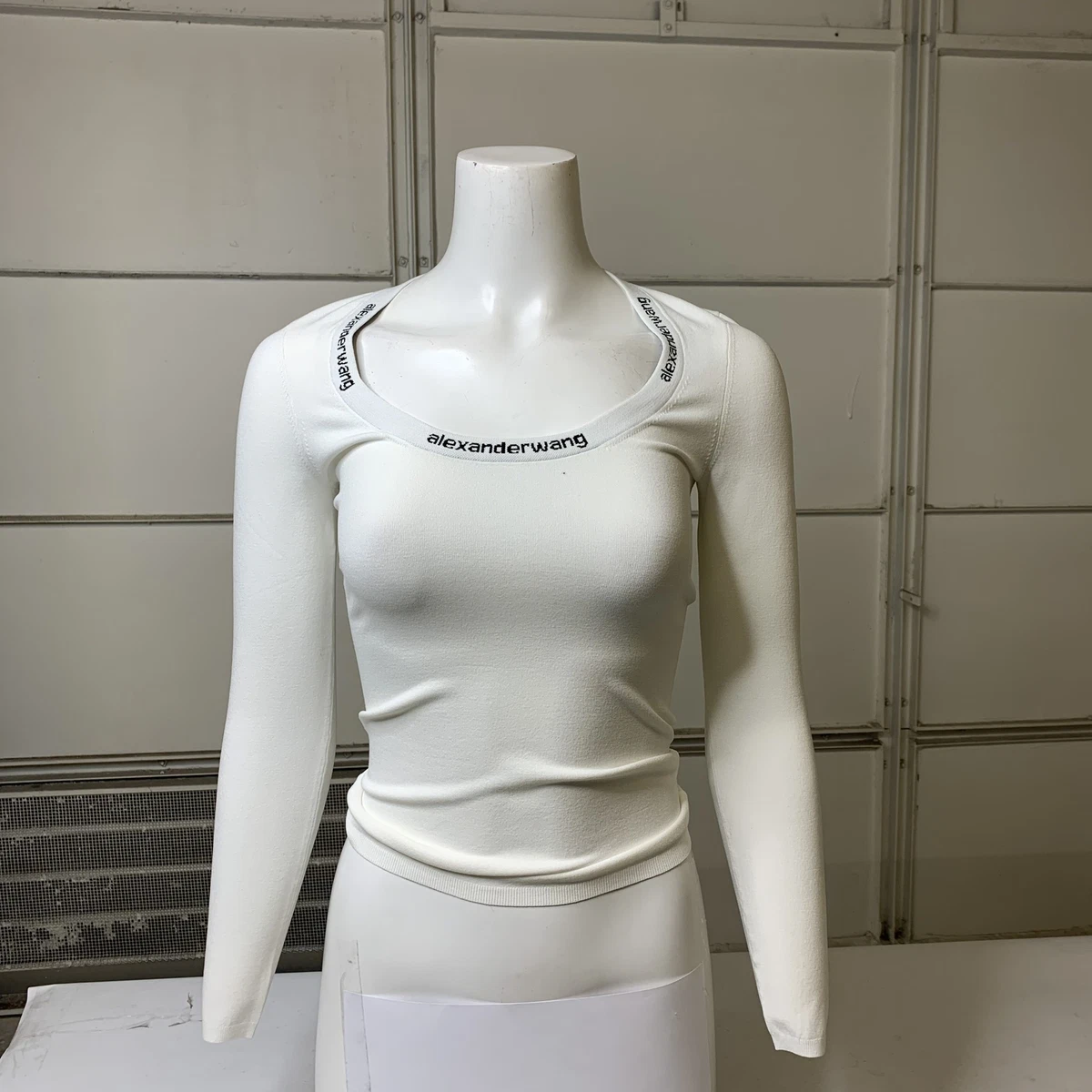 ALEXANDER WANG LS White Logo Jacquard Trim Knit Top SM