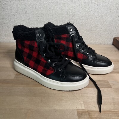 Womens MARC FISHER Size 9m Fellow Buffalo Plaid Faux Fur High Top Sneakers Shoes