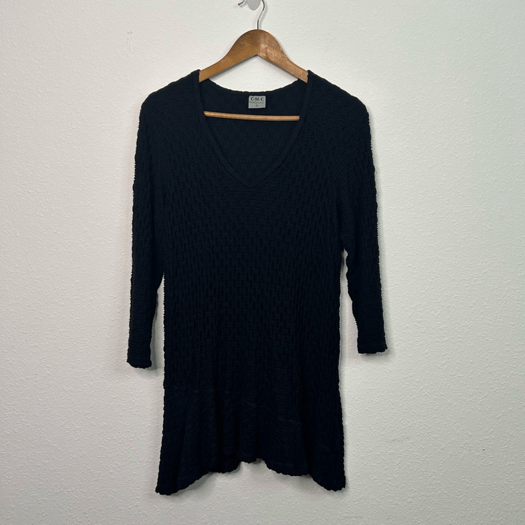 CMC Color Me Cotton Women’s Black Textured Stretch Tunic Minimalist Top Size L
