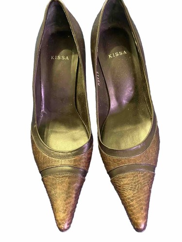Kissa Shoes Womens 4 Pointed Y2K Toe Snake Print Rich Brown Leather Pumps DOUGO