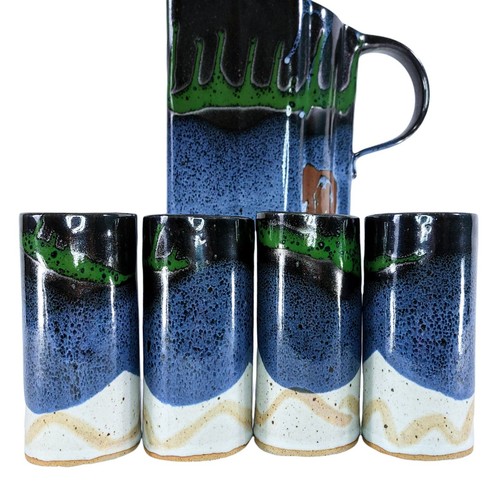 Studio Art Pottery Drip Glaze Pitcher 4 Cups No Handles Signed Jug Blue Green - Picture 3 of 12