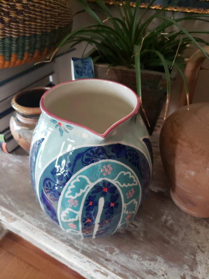 Jarra Grande Adele Anthropologie Verde y Azul Floral Nueva PINTADA A MANO Foto 3 de 4