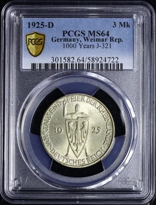 Weimarer Republik 3 Reichsmark 1925 D Jahrtausendfeier Rheinlande PCGS MS64 - Bild 1 von 2