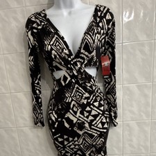 Black Bead Black & White Geometric Cut-Out Bodycon Mini Dress Long Sleeve Small