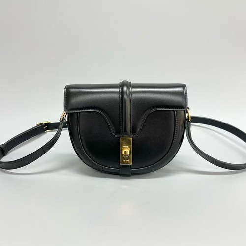 Celine Besace Triomphe Black Shiny leather Saddle Crossbody Bag AUTH