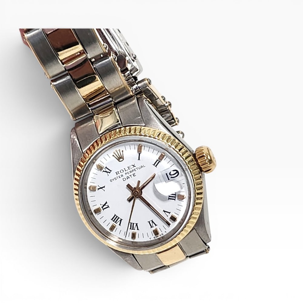 Rolex Ladies Date 26 mm Two Tone Oyster White Roman Watch 6519 Circa 1967 image 2