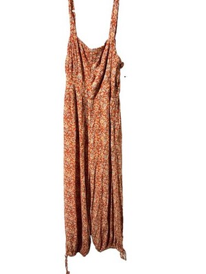 Universal Thread Orange Floral Sleeveless Square Neck Jumpsuit, Women s M
