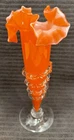 Vintage MCM Murano Style Orange Hand Blown Vase Ruffled Art Glass Mid Century 9"