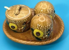 Thriftco Golden Aspen Kansas Sugar Bowl Salt And Pepper Shaker Set With Plate