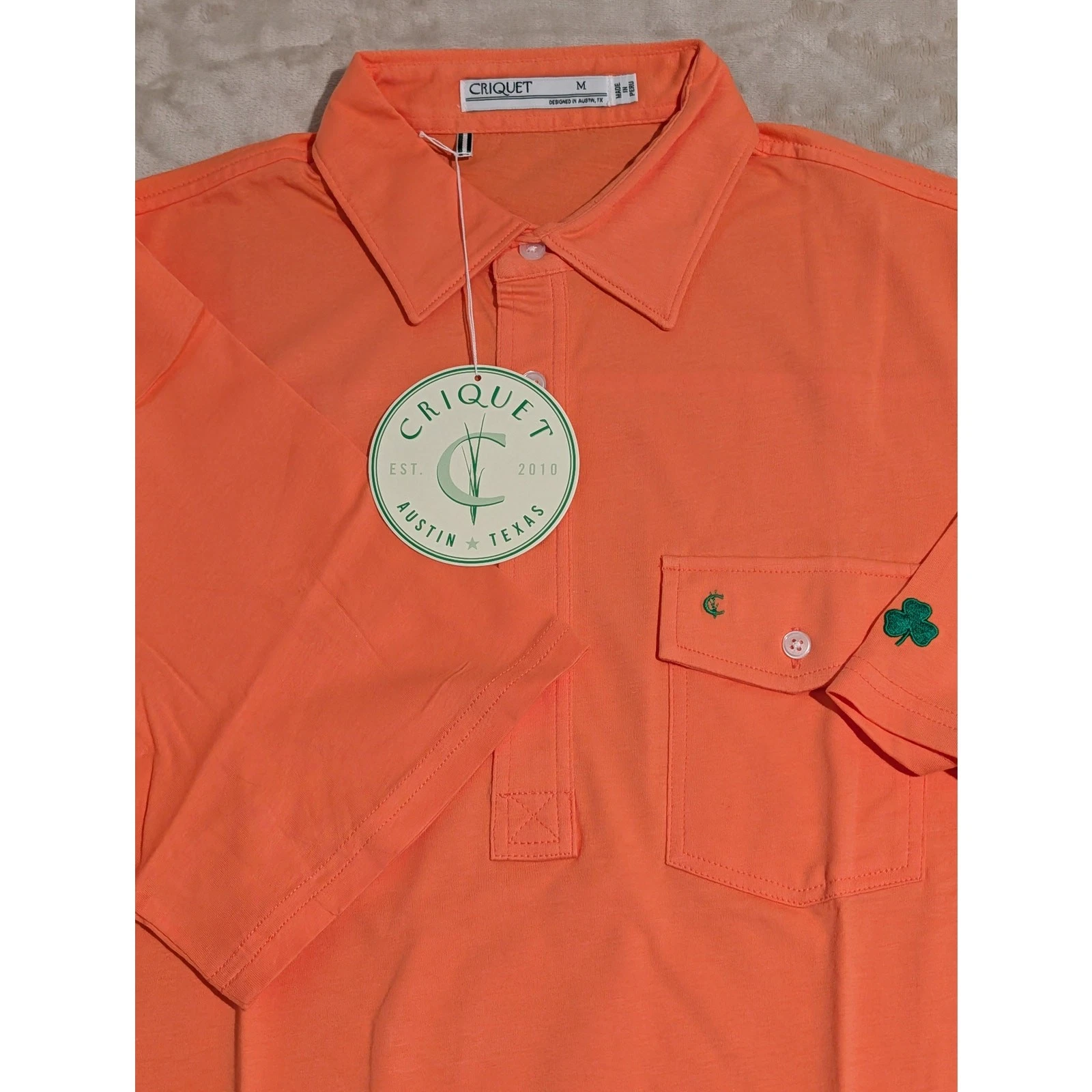 Criquet Mens Player Polo Shirt Orange Medium Embroidered Organic Cotton Golf NWT