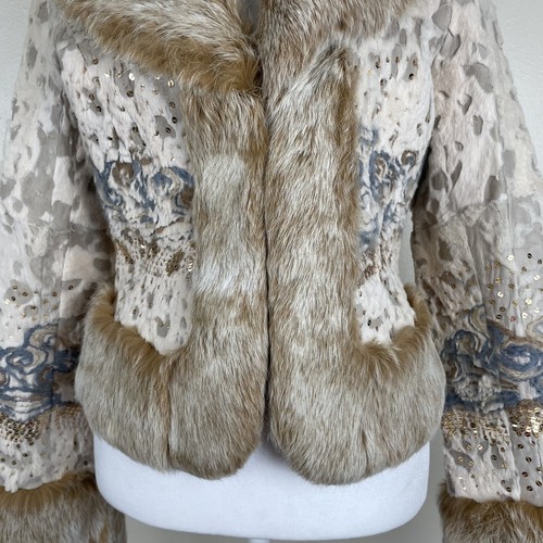 Bebe Jacket Womens XS Beige Brown Rabbit Fur Sequin Embellished Boho Festival - Picture 6 of 16