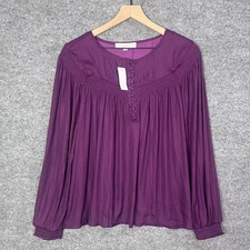 NWT $59 Smocked Trim Mixed Media Blouse Long Sleeve Size Large