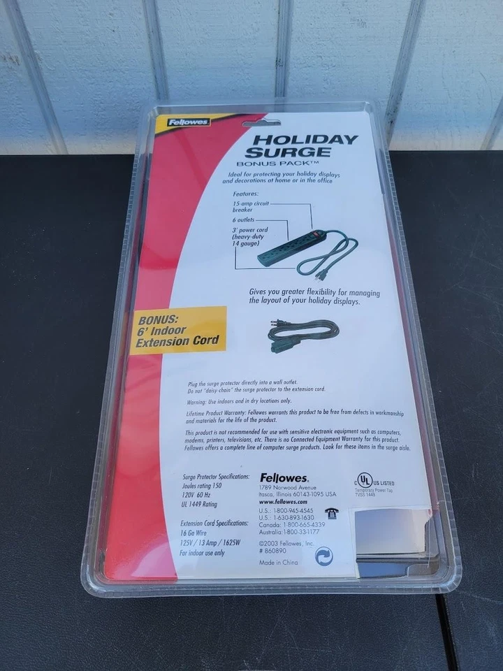 Fellowes Holiday Surge Protector 6 Outlet 3ft Cord+6ft Extension Bonus Pack - Image 2 of 2