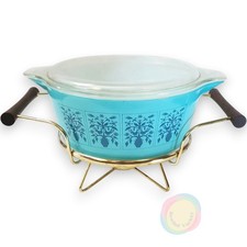 Vintage Pyrex Saxony Tree of Life 2.5 Qt Casserole 475-B Lid Warmer Cradle Stand