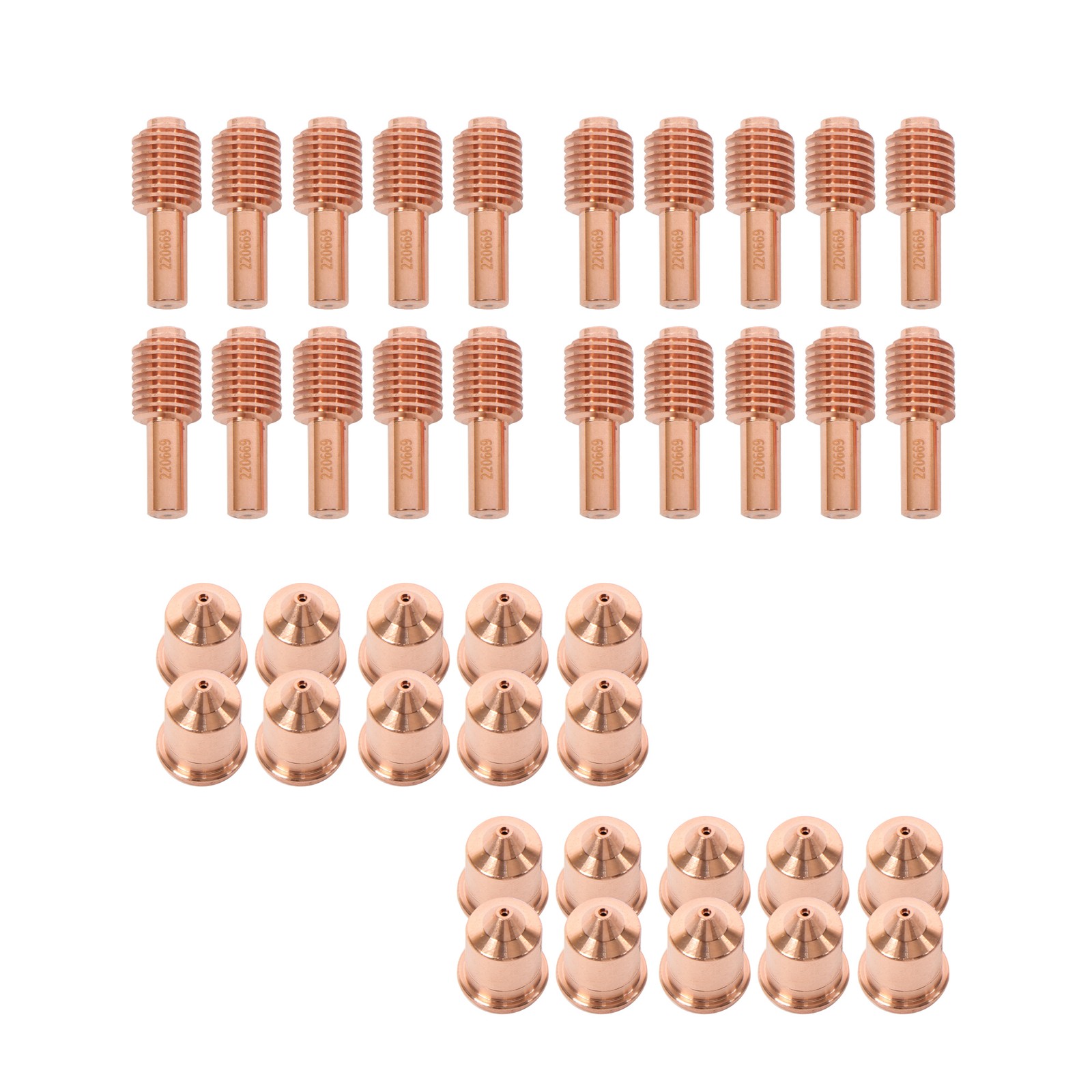 Plasma cutting torch consumables, 20 220671 nozzles, 20 220669 electrode tips