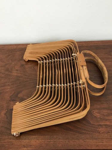 Vintage 50's Japanese Folding Bamboo Basket Purse Cage Handbag - Picture 7 of 12