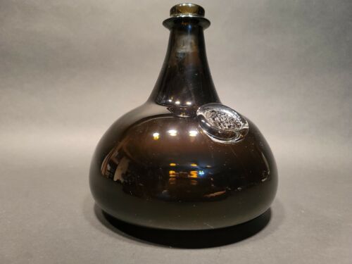8" Antique Vintage Style Black Glass Blown Onion Wine Bottle Green   - Picture 1 of 12