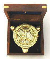 BRASS SUNDIAL COMPASS 4.5" IN WOODEN BOX NAUTICAL MARITIME NAVIGATION