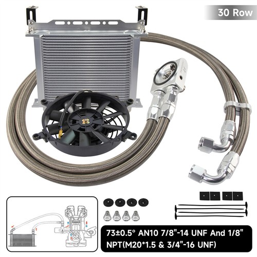 Universal 30 Row AN10 Thermostatic Oil Cooler Kit Silver + 7'' Electric Fan Kit - Picture 5 of 10