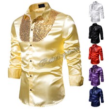 Disco Dresses Men's Party Stage Tuxedo Shirts Shiny Silk Satin Smooth Sequin Top