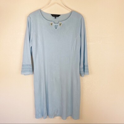 Ming Wang Blue Knit Sleeved Dress Medium 3/4 Quarter Sleeves