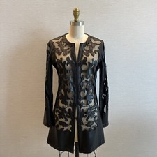 Black Leather Cutout Mesh Tunic Jacket Dual Zipper Coat In Transit 2 Size Small