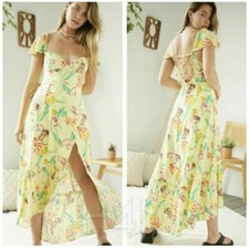 Urban Outfitters M Yellow Seashell Siren Corset Lace Up Back Maxi Dress NEW $79