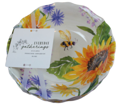 Everyday Gatherings Melamine Bowls Sunflower Bee Floral Set of 4 7.25'' Soup NWT