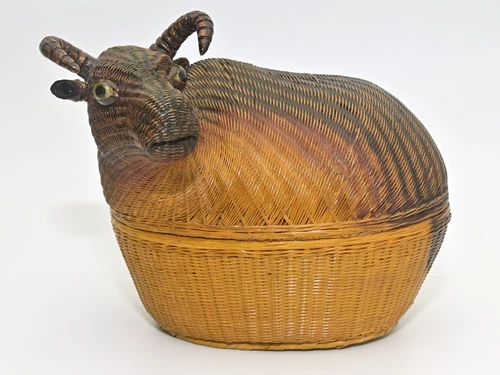 Vintage Shanghai Handicrafts Wicker Rattan Yak Water Buffalo Basket Box