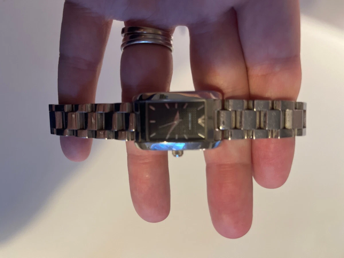 ladies armani watch silver bracelet strap black face silver