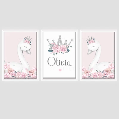 Girls Swan Personalised PRINTS ONLY A4 Nursery Room Pink Flowers Girly Crown