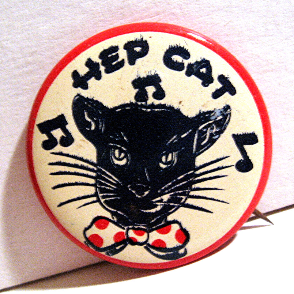 Dead-stock 1940s–50s 'Hep Cat' pinback button — actual old store stock that never sold, a tiny wearable artifact of mid-century slang culture.