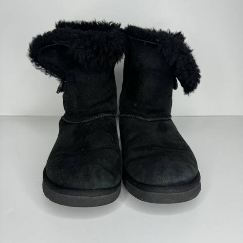UGG Mini Bailey Button Black Fuzzy Slip On Boots Womens Size 9 - Picture 2 of 13