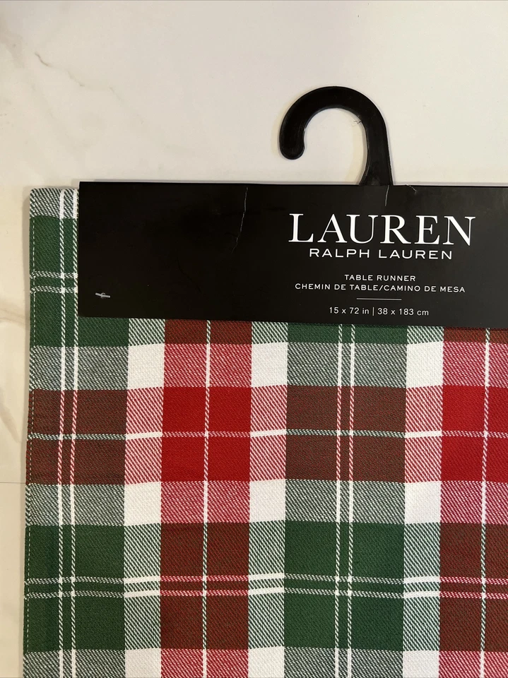 NUEVO CON ETIQUETAS Ralph Lauren Rojo Verde Blanco Cuadros Navidad Corredor de Mesa 15x72 pulgadas Foto 3 de 3
