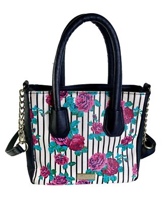 Betsey Johnson Pink Roses Black Pinstripes Purse Handbag