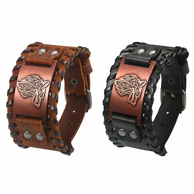 Men Retro Punk Wide Leather Bracelet Wolf Head Celtic Pagan