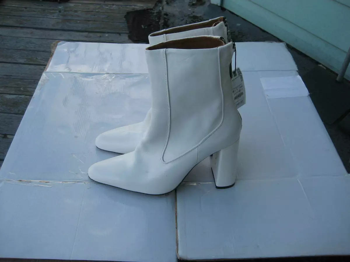 Zara Womens Heeled Ankle Boots Shoes White Leather Size EU 39 US 8