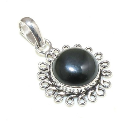 Natural Black Onyx Gemstone 925 Sterling Silver Jewellery Pendant Size 1.58''