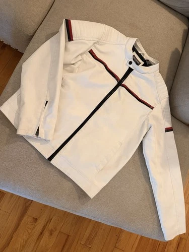 Distortion Men’s Large White Moto Racing Jacket Red Black Stripe Full Zip Y2K - product listing photo